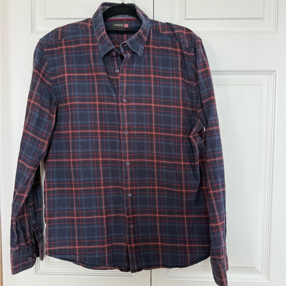 Dark Blue and Red Plaid button up Shirt